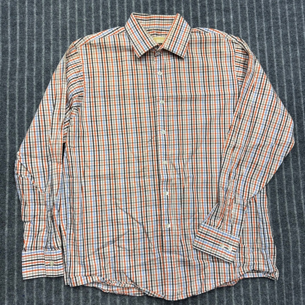 Michael Kors Mens Dress Shirt 16.5 34/35 Orange Blue Plaid Long Sleeve Button Up